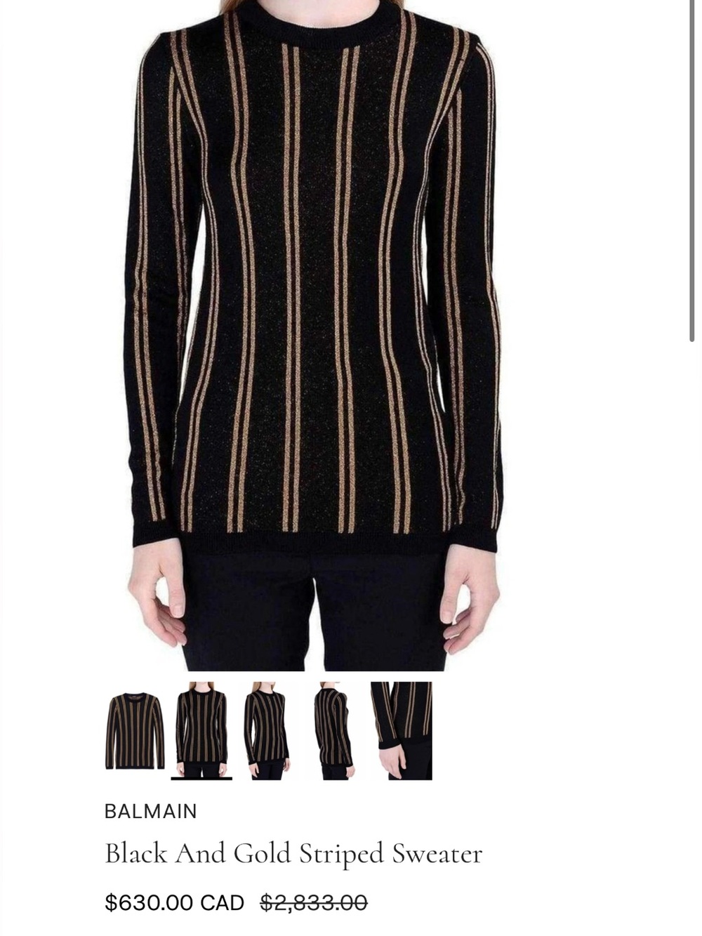 Balmain Black Crewneck Sweater with Metallic Gold Vertical Stripes size 36